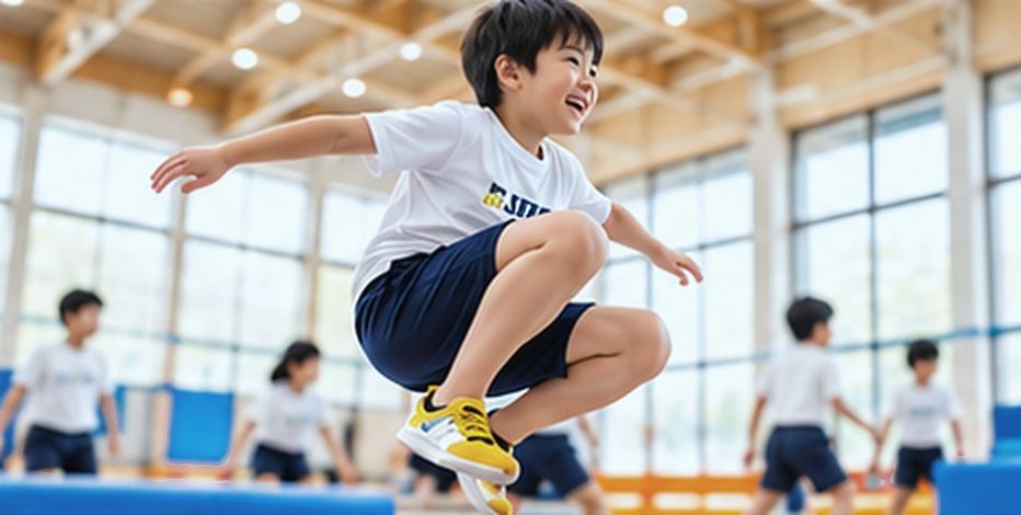 体育館で跳ぶ子どもたち