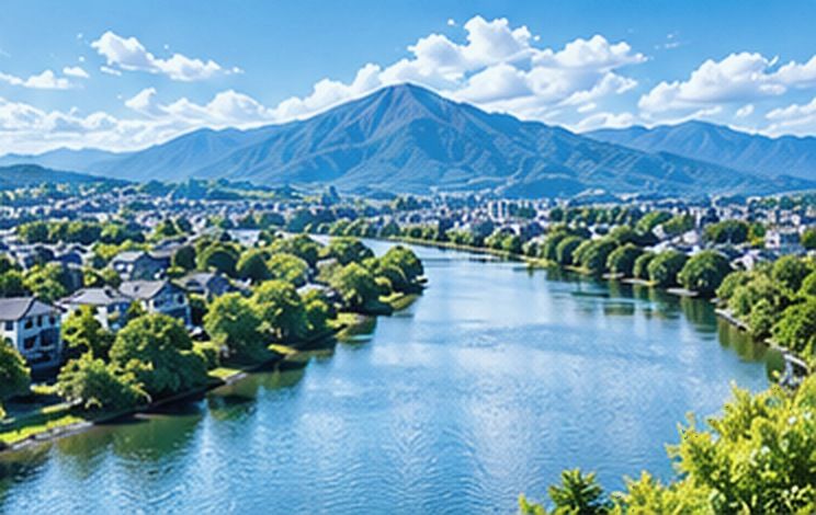 川沿いの住宅地と山並み