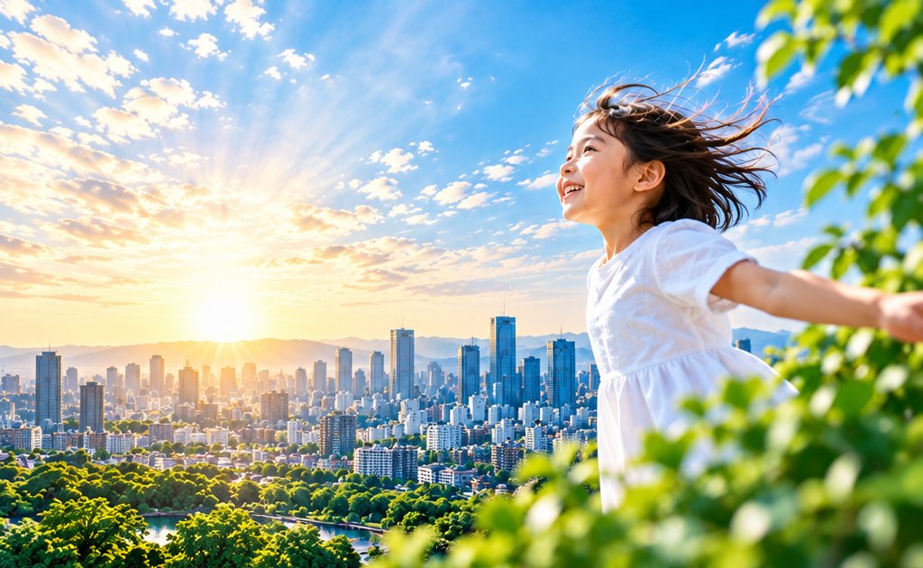 青空の下、緑の中を駆け抜ける子どもと、朝日に照らされる街並み