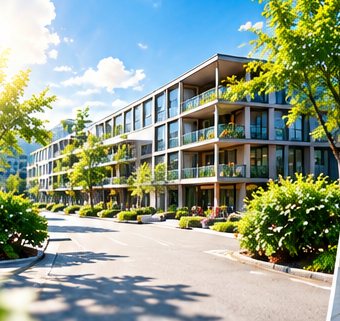 並木のある住宅地の集合住宅（子育て世帯が多いエリアのイメージ）