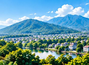 山と湖を望む、ゆったりした住宅地（人通りは少ないが広さのある土地のイメージ）