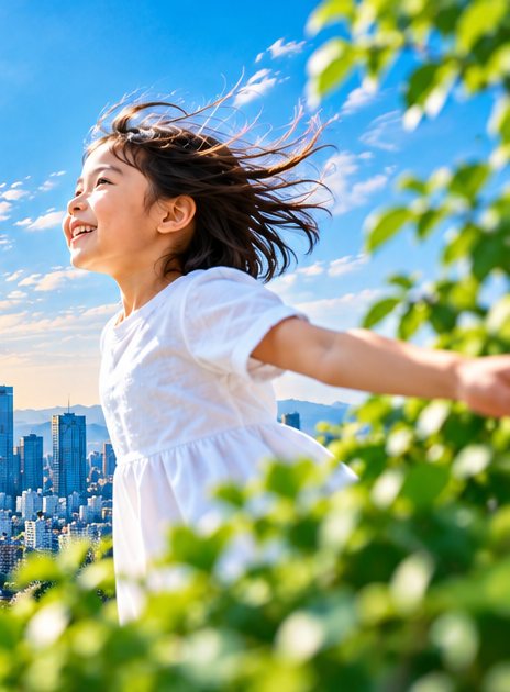 青空の下で笑顔で走る子ども（LEAMOのイメージ）