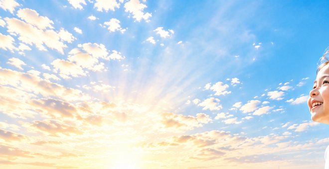 朝日が差し込む空と、これから広がる街（まだ名前のない新しい事業のイメージ）